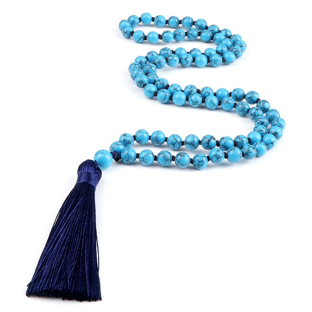 108 Mala Beads Necklace Women Natural Blue Pine Stone Beaded Knotted Tassel Pendant Long Necklace