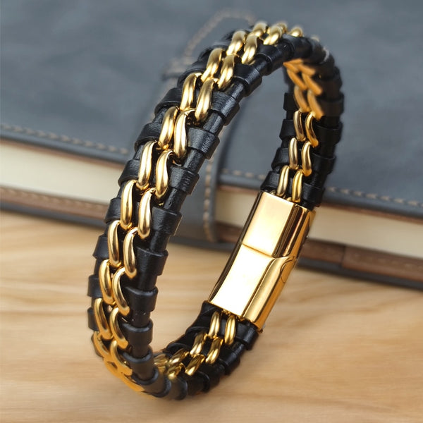 Genuine Leather Chain Bracelet for Men Magnetic Stainless Steel Clasp in Black Silver Bracelet