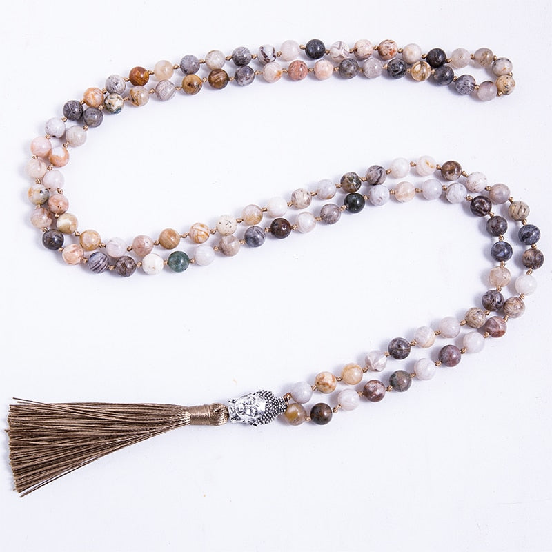 8mm Bamboo Leaf Agate Beaded Knotted Necklace Meditation Yoga Blessing Jewelry