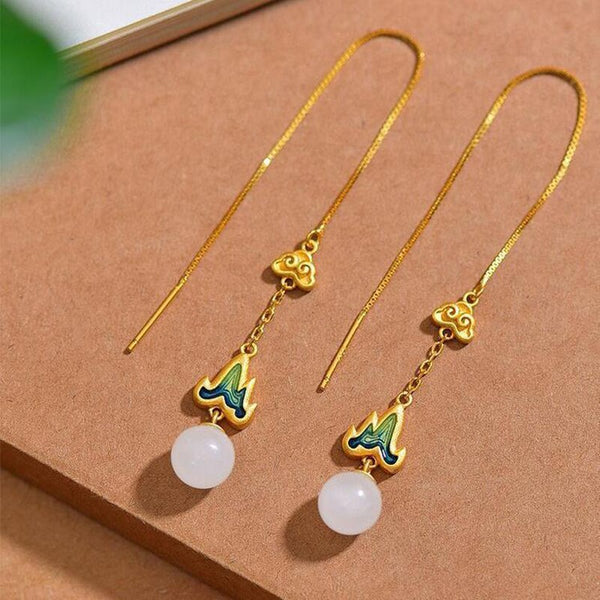 New Design Natural Hetian Jade Round Bead Enamel Porcelain Long Earrings