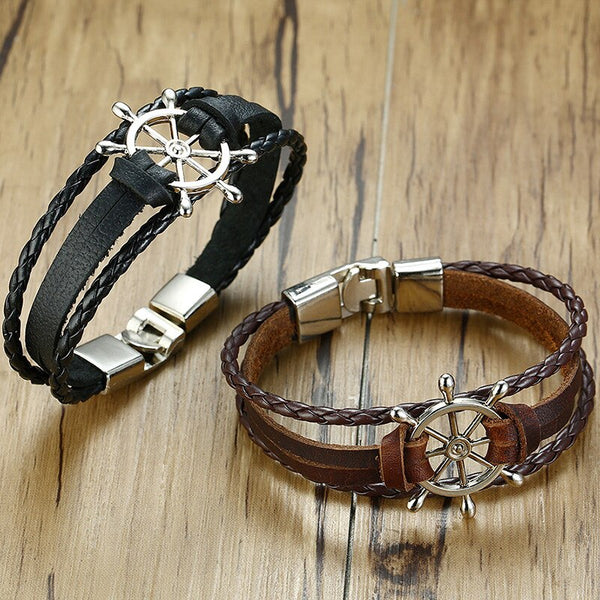 Fashion Vintage Rudder Charm Bracelet for Men Multi-layer Leather Rope Bracelets Bangles