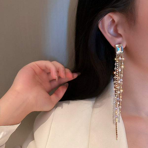 Geometric Square Crystal Rhinestone Earrings for Women Bijoux Long Tassel Dangle Earrings