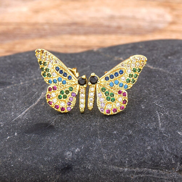 New Fashion 28 Styles Cute Rhinestone Rainbow Color Butterfly Stud Earrings For Women