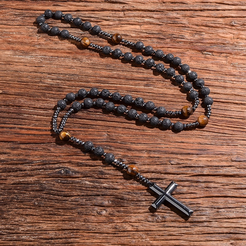 Black Lava Stone Yellow Tiger Eye Beaded Catholic Christ Cross Necklace