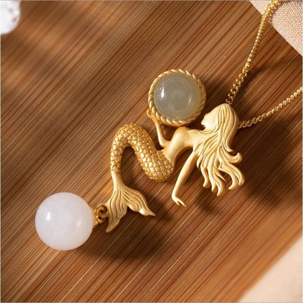 Natural Hetian Jade Mermaid Pendant Necklace