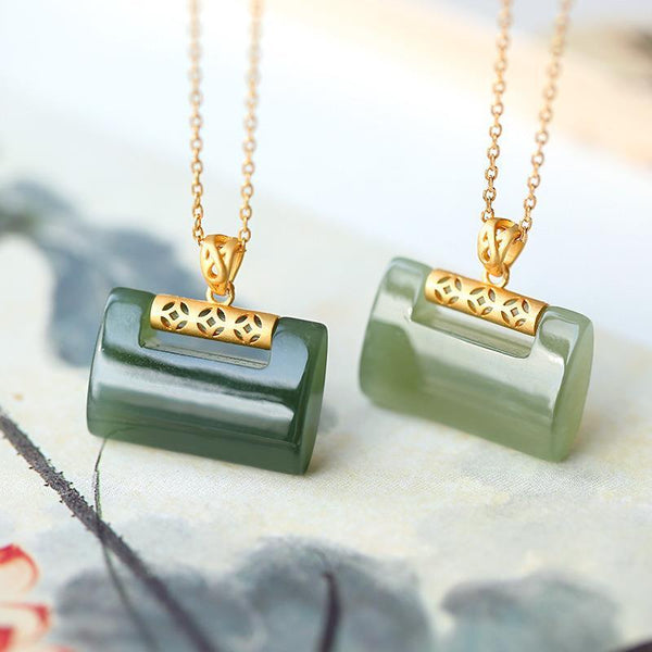 silver inlaid natural Hetian jade necklace pendant