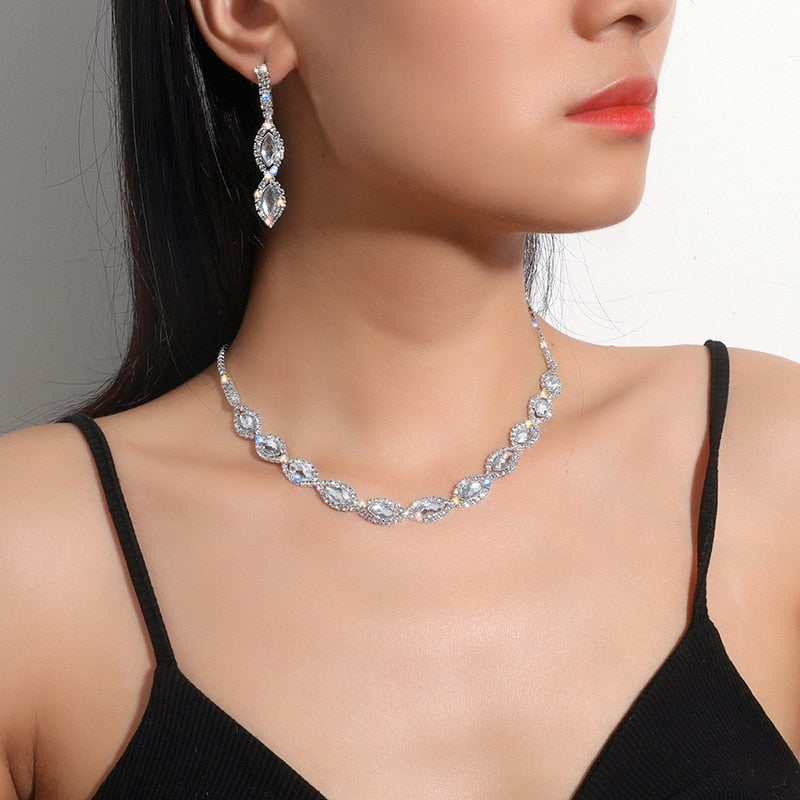 Simple Geometric Crystal Rhinestone Necklace Earrings For Women Wedding Bride Jewelry Sets