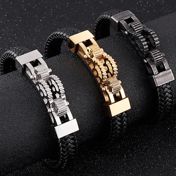 12MM Gear Style Stainless Steel Bracelet for Men Boy's Leather Bangles