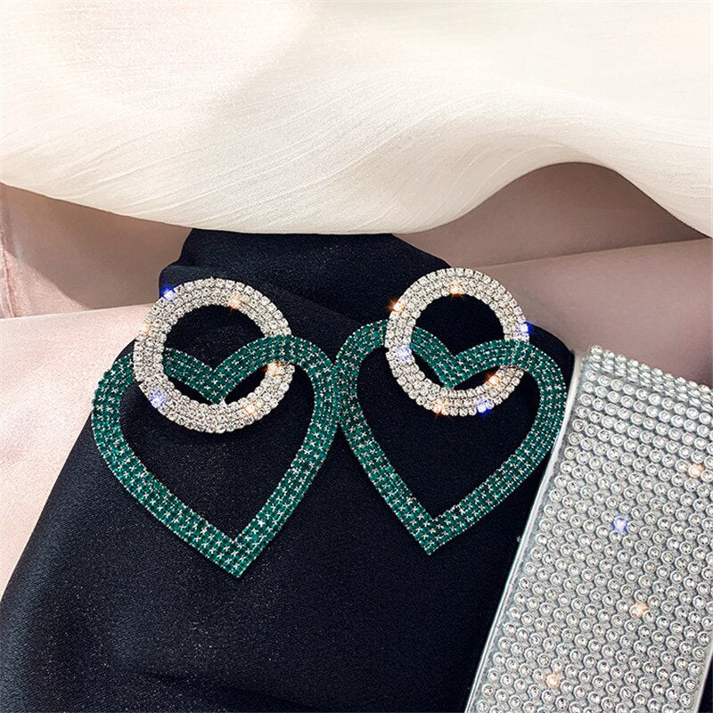 New Green Pink Heart Crystal Earrings for Women Oversize Circle Rhinestone Drop Earrings