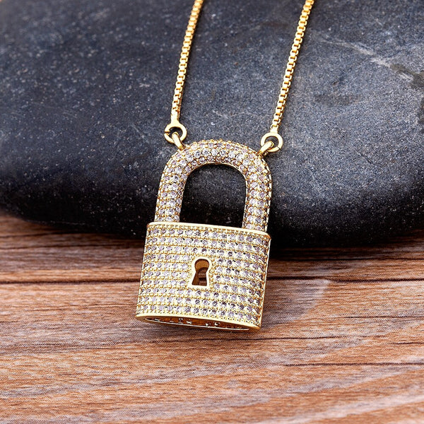 Hot Sale Hip Hop Bling Lock Pendant Iced Out  Cubic Zircon Necklace For Men Women