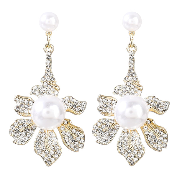 Fashion Metal Rhinestone Imitation Pearl Flower Earrings Women