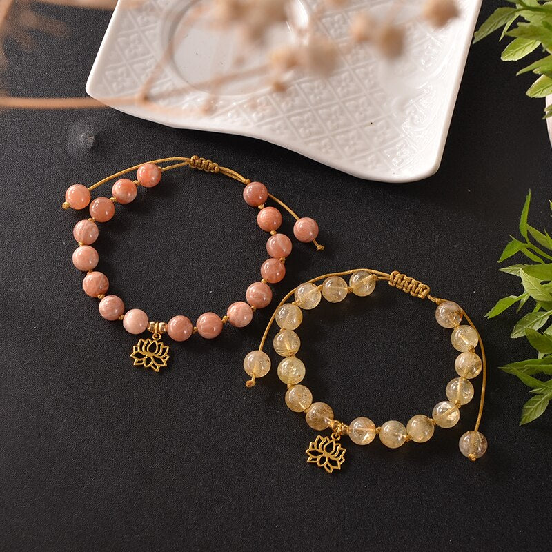 8mm Natural Citrine Sunstone Beaded Knotted Bracelet