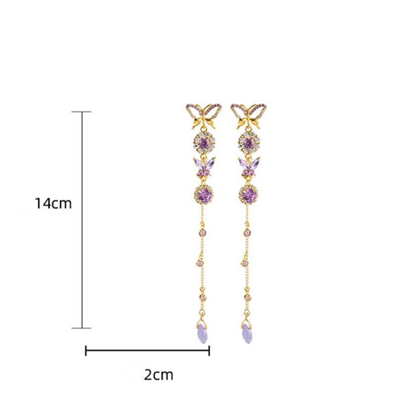 Long Tassel Beautiful Butterfly Drop Earrings for Women Purple Crystal Earrings