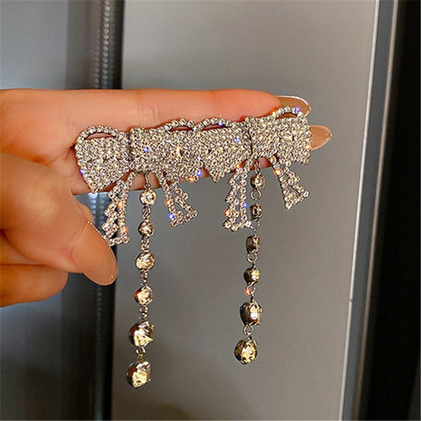 Cute Bowknot Rhinestone Dangle Earrings for Women Long Tassel Crystal Earrings