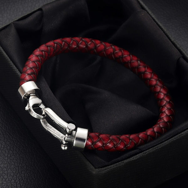 Men Classic Bracelet Braided Genuine Leather with 316L Stainless Steel Horseshoe Lobster Clasp