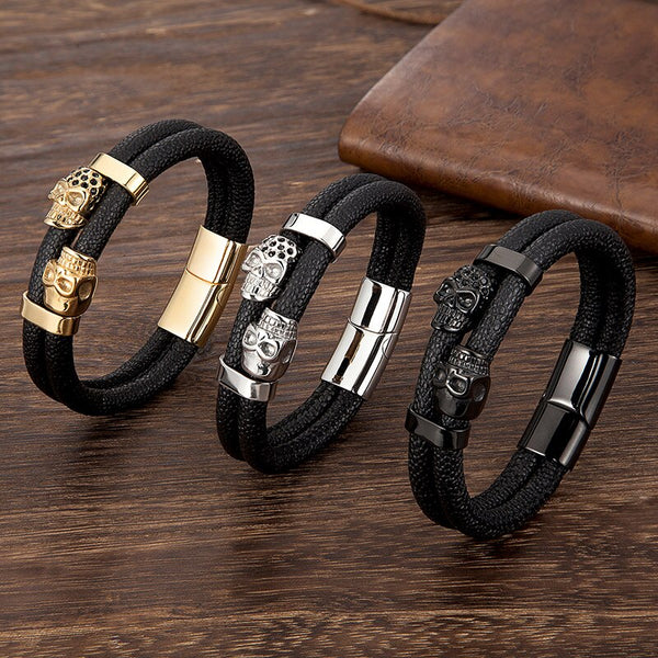 Men Gold Skull Punk Bracelet Stainless Steel Magnetic Clasp Bracelet