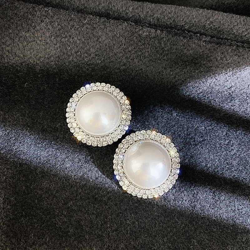 Big Simulated Pearl Stud Earrings for Women Girl Round Geometric Rhinestone Earrings