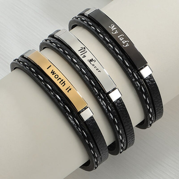 Engrave Letters Date Leather Bracelets Stainless Steel Nameplate Men Bangles