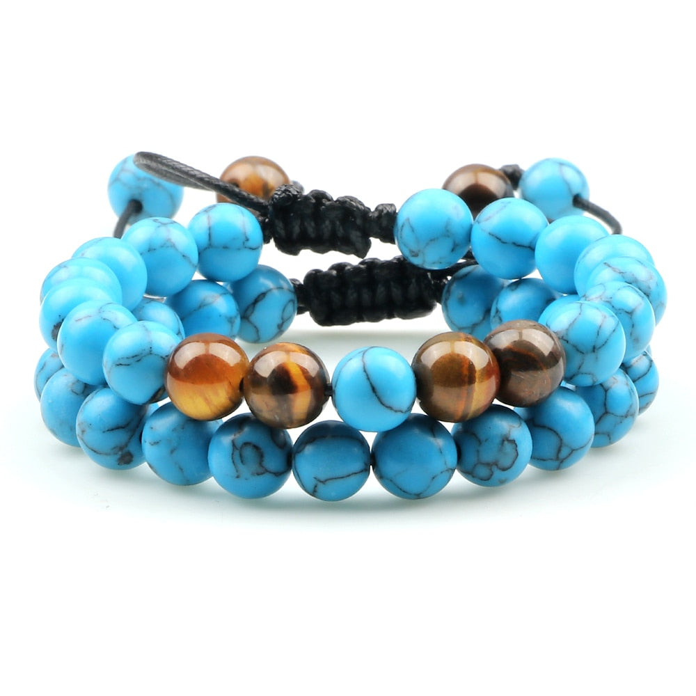 2Pcs Adjustable Braided Natural Stone Beads Bracelets Bangles For Couples Women Men