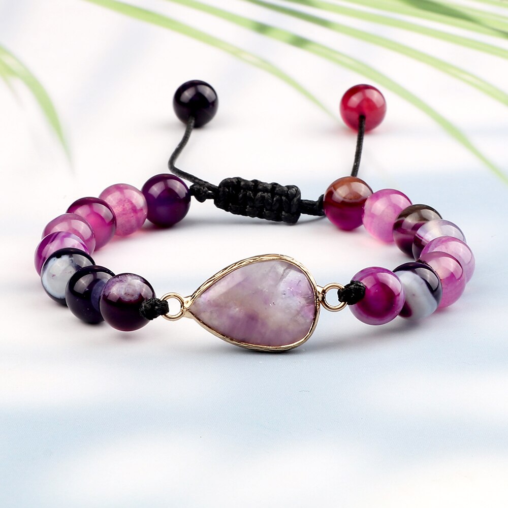 Natural Purple Stripe Onyx Stone Adjustable Beads Bracelets Braided String Bangle