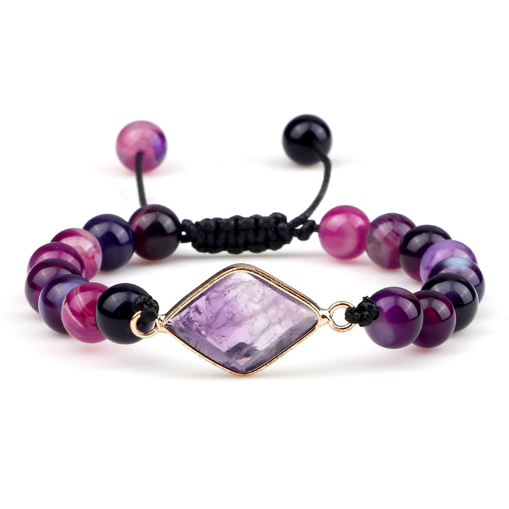 Natural Purple Stripe Onyx Stone Adjustable Beads Bracelets Braided String Bangle