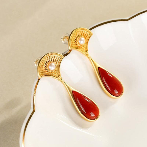 Natural Hotan Enamel porcelain chalcedony fan-shaped Drop Earrings