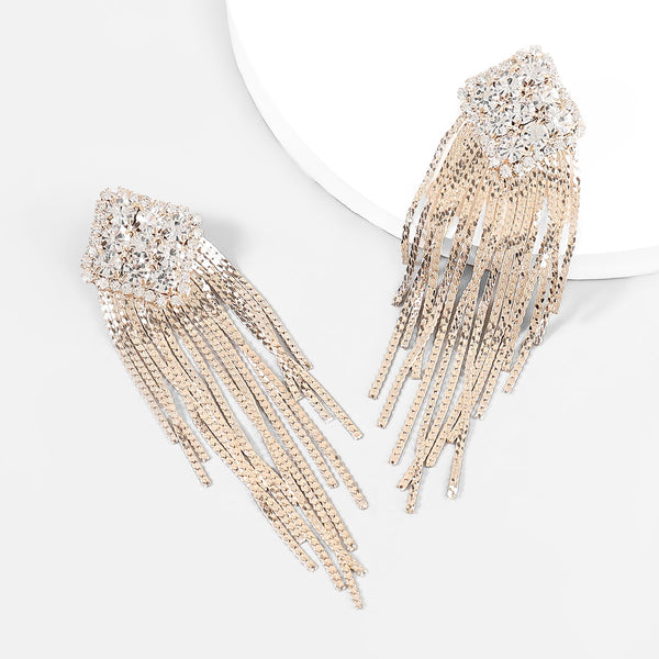 Fashion Metal Rhinestone Long Tassel Earrings Women