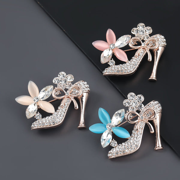 Fashion Metal Rhinestone Flower High Heels Brooch Girl Pop Creative Party Pin Brooch