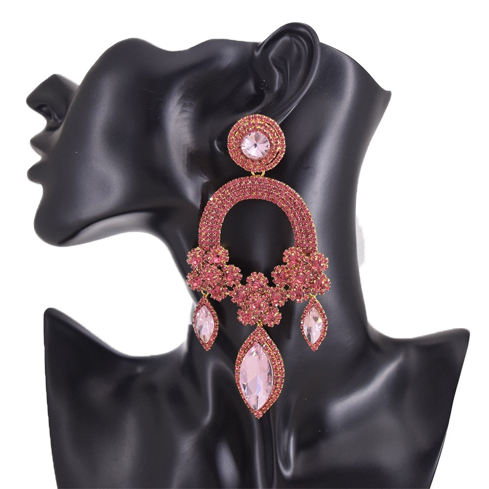 Exquisite rhinestones crystal flower luxury drop long earring