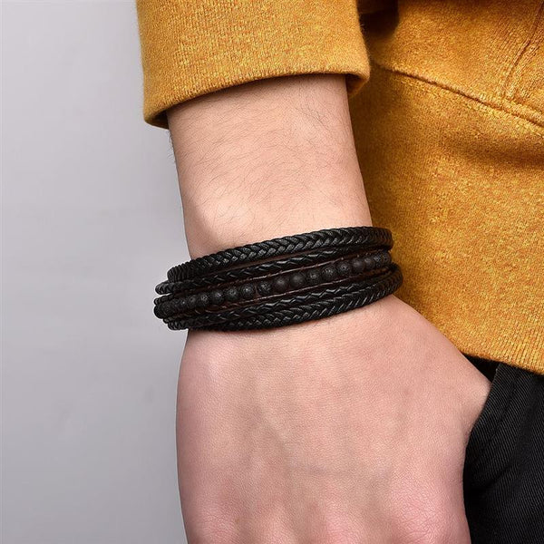 Fashion Natural Stone Beads Men Bracelet Multilayer Leather Bracelet