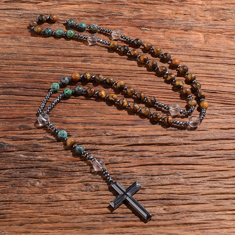 Natural Yellow Tiger Eye African Turquoise Beads Catholic Christian Cross Pendant Necklace