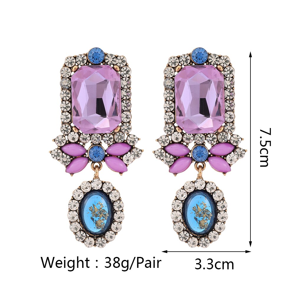 Purple Big Dangle Earrings Luxury Charm Square Clear Crystal Earrings