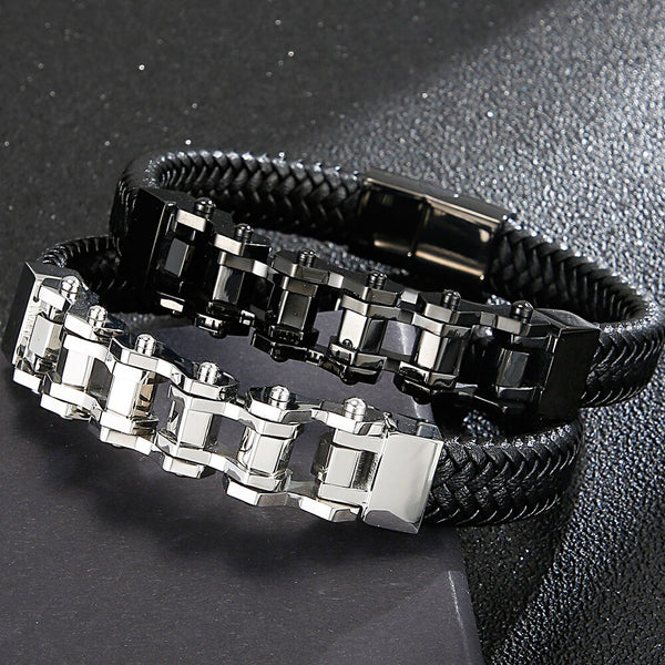 Wrap Cowhide Leather Bracelet Men Bangles 12MM Wide Bicycle Bike Chain Charm Bracelets