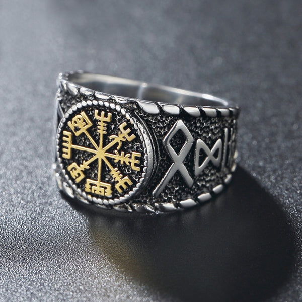 Vintage Nordic Stainless Steel Compass Ring Men's Viking Odin Amulet Ring