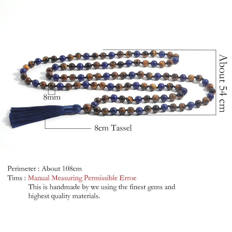 Lapis Lazuli Yellow Tiger Eye 108Mala Beaded Knotted Long Necklace