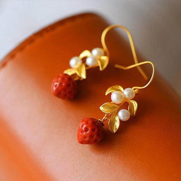 South red enamel porcelain small strawberry Pearl Earrings