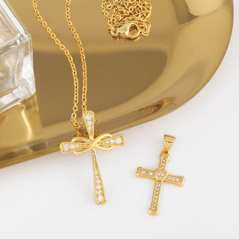 Rhinestone Infinity Cross Necklace For Women CZ Micro Pave Heart Pendant Necklace