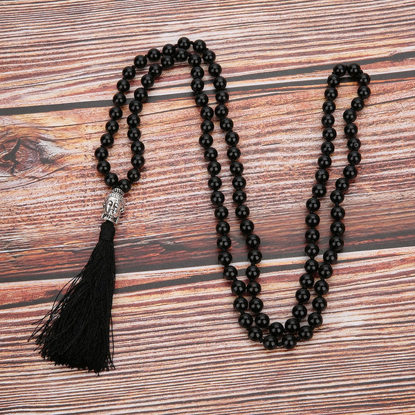 108 Mala Black Onyx Beaded Knotted Semi-Precious Stone Japamala Jewelry