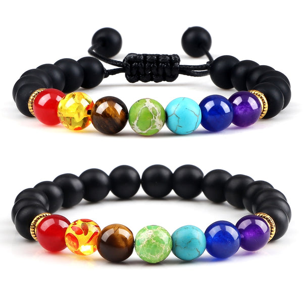 2Pcs Natural Stone 7 Chakra Healing Beaded Adjustable Braided Bracelets