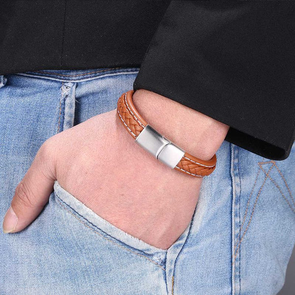 Leather Bracelets Stainless Steel Magnetic Buckle Vintage Male Wrist Band