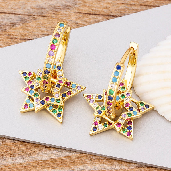 New Charm Colorful Color Double Layer Star Earrings Copper Cubic Zircon Ear Hole Hoop Earrings