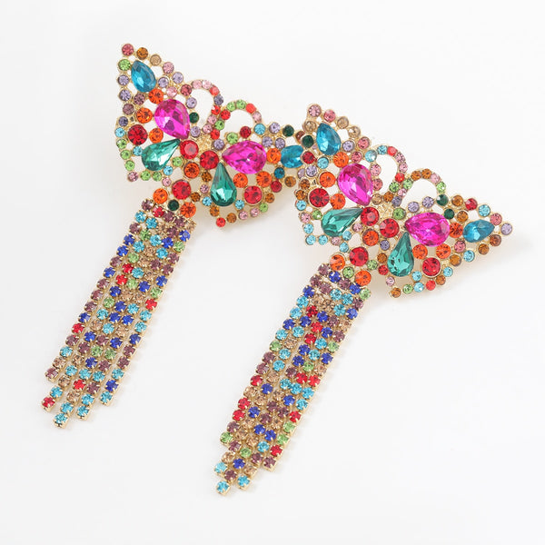 Fashion Simple Metal Rhinestone Butterfly Tassel Earrings