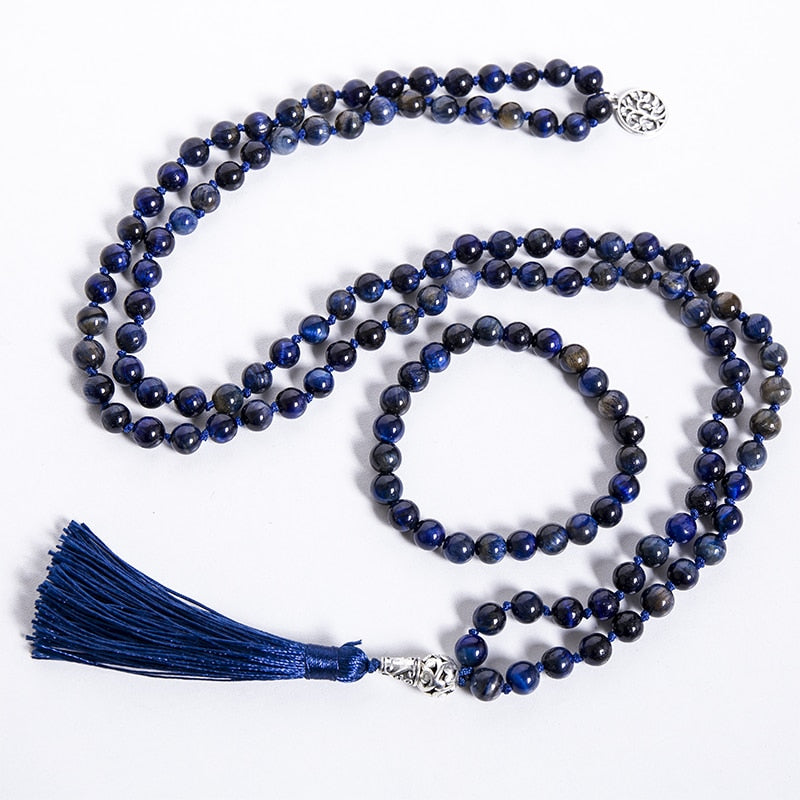 8mm Natural Lapis Lazuli Tiger Eye Stone Beaded Knotted Necklace