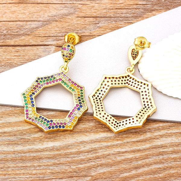 Luxury Boho Vintage Geometric Irregular Polygon Multicolor Copper CZ Drop Earrings for Woman