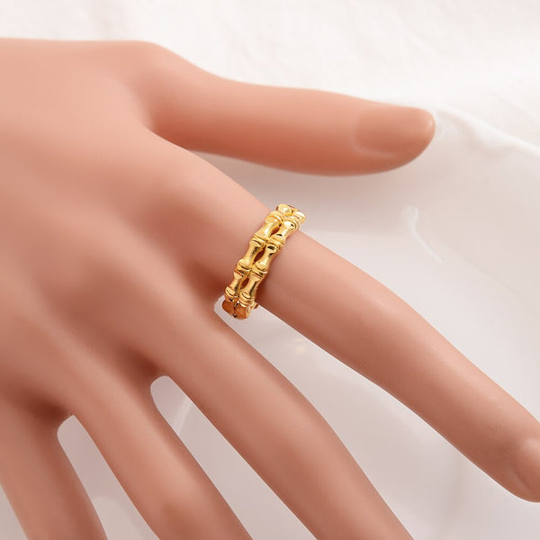 Solid 24K Yellow Gold plated Ring Bamboo Shape Woman Ring adjustable ring Best Gift