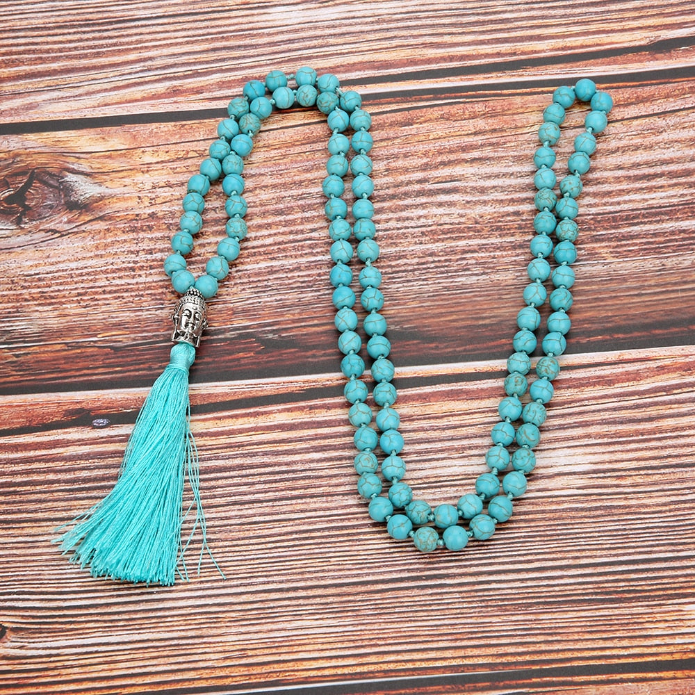 6/8mm Blue Turquoise Beads Knotted 108 Japa Mala Necklace