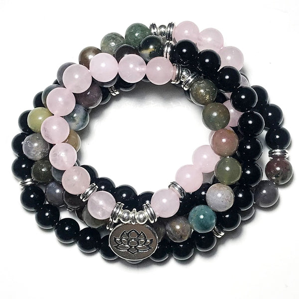 108 Mala Beaded Natural Stone Bracelet 8mm Black Onyx Rose Quartz Beaded