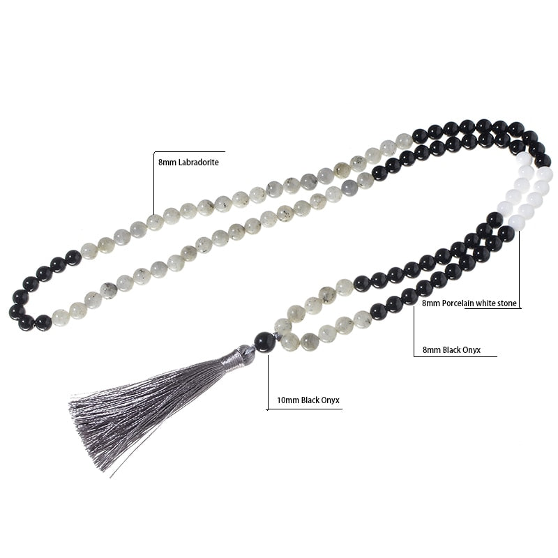 8mm Natural Labradorite Black Onyx Porcelain White Stone Mala Necklace