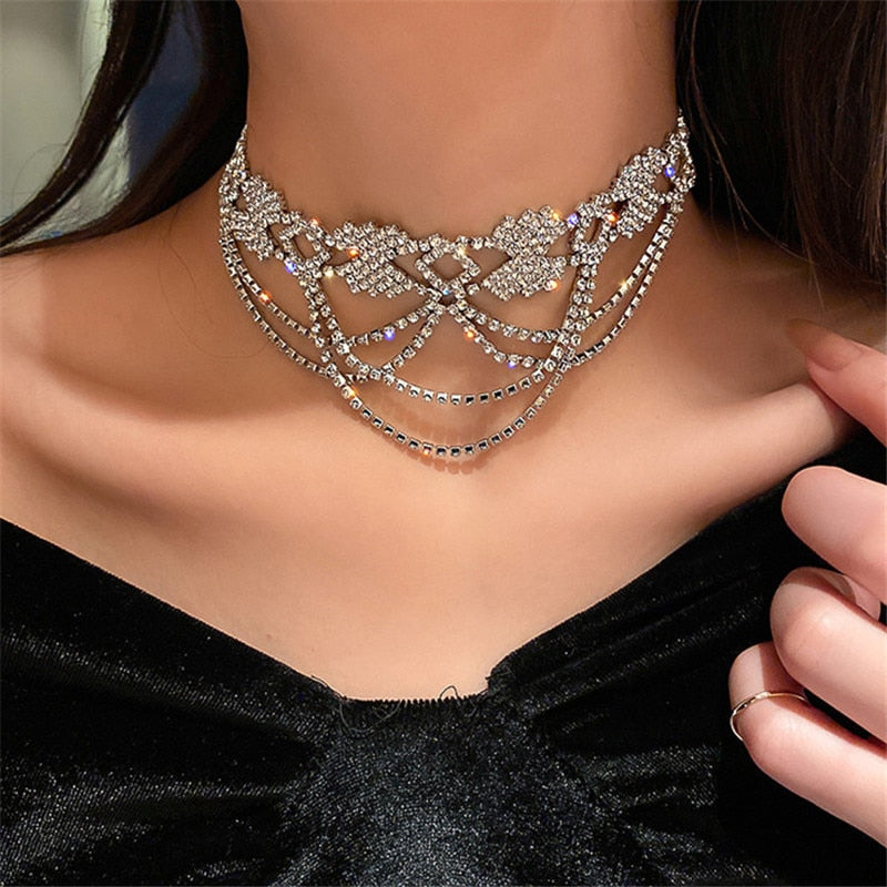 Hollow Geometric Crystal Choker Necklaces for Women Long Tassel Rhinestone Necklaces