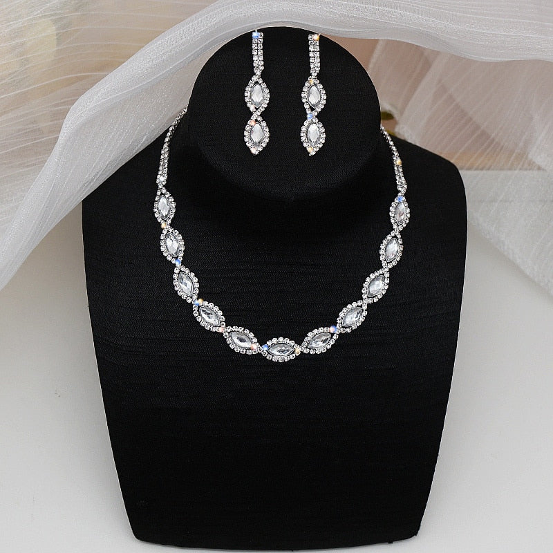 Simple Geometric Crystal Rhinestone Necklace Earrings For Women Wedding Bride Jewelry Sets